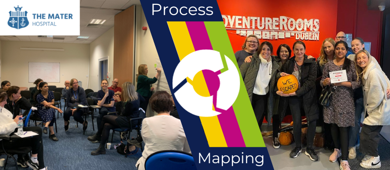 Two photos. One depicts the Mater's trial team discussing clinical trial processes. The second is the team at an escape room, having successfully escaped. There is a cycle symbol between the pictures representing a process map.